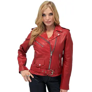 Women's Soft Red Leather Motorcycle Jacket #L6061R