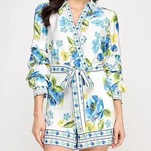 Romper Blue Floral with V-Neck, Long Sleeves, and Belted Design for Women