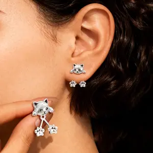 3D Cat Front-Back Stud Earrings, Cute Cat & Paw Double-sided Earrings, Silver Plated Hypoallergenic Small Animal Ear Jewelry, Unique Dainty Earrings for Cat Lovers Women Girls Daily Wear