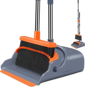 Upgrade Broom and Dustpan Set with Self-Cleaning Teeth – Extendable Long Handle Stand-Up Sweeping Set for Indoor & Outdoor Use (Gray & Orange)