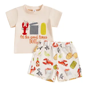 Toddler Baby Boy Lobster Crawfish Print Short Sleeve T Shirt Tops Elastic Waist Shorts Two Piece Summer Casual Outfit