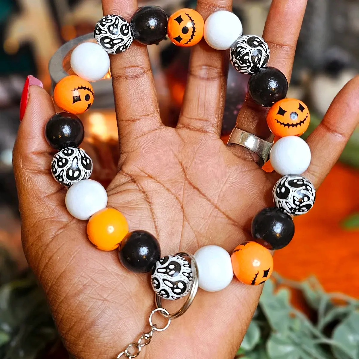 Wooden Beaded Halloween Themed Elastic Wristlet