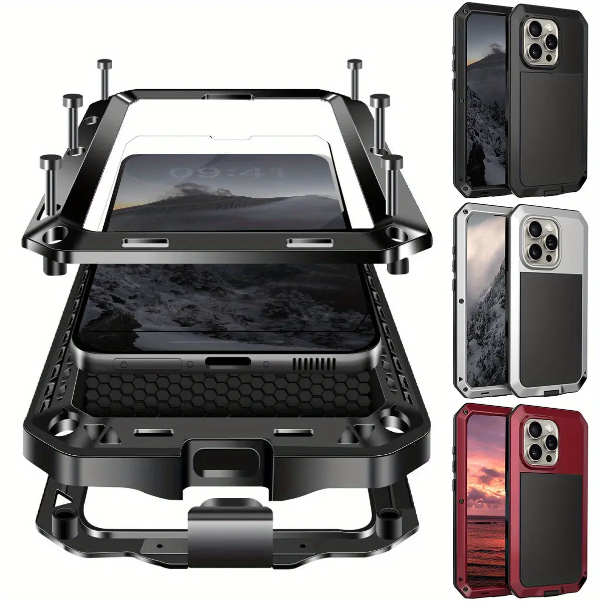 Aluminium Heavy-Duty Shockproof Smartphone Casing for iPhone 12-17, 360 Full Body Dustproof Cover with Built-in Glass Screen Protector, Durable Handheld Devices Accessory, Cellphone, Protection