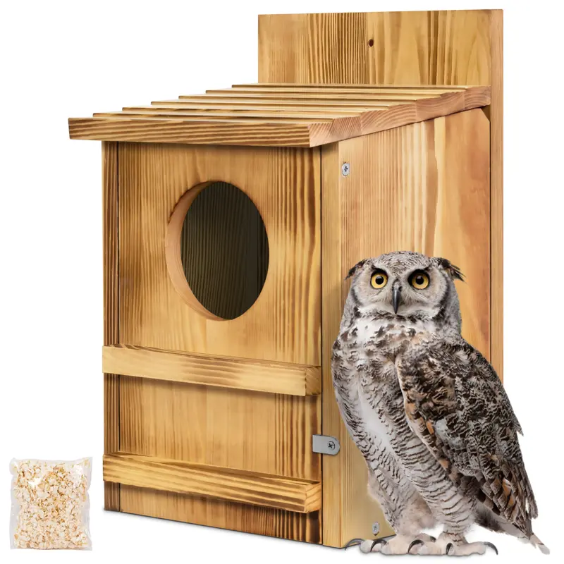 Outdoor Thick Wooden Owl House for Small-Medium Owls - Large Handmade Bird Box with Circular Opening, Mounting Screws, Wood Shavings, Easy Assembly (Brown, 9x7.5x14in, Scratching Pole Included)