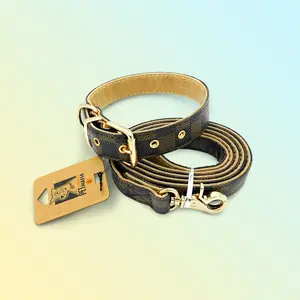 Brown Checkers Dog Collar & Leash set  - PU leather with Gold hardware