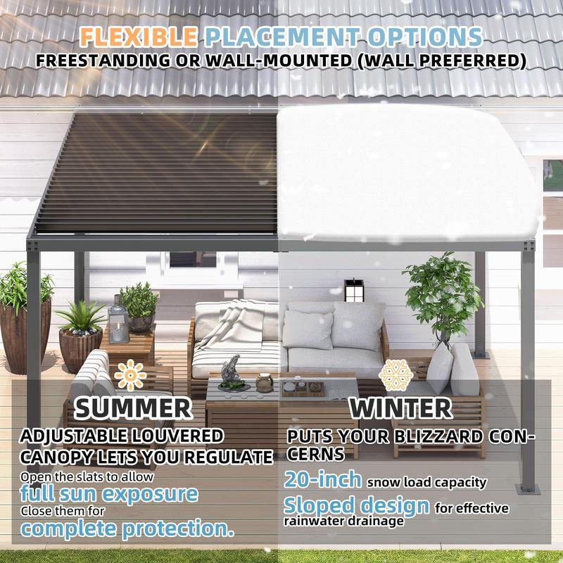 【3 package shipping】AECOJOY 13' x 10' Louvered Gazebo Pergola, 10x13 Outdoor Hardtop Wall-Mounted Lean to Gazebo with Adjustable Metal Rainproof Patio Roof, Pergolas and Gazebos Clearance, Heavy Duty Awnings for Patio