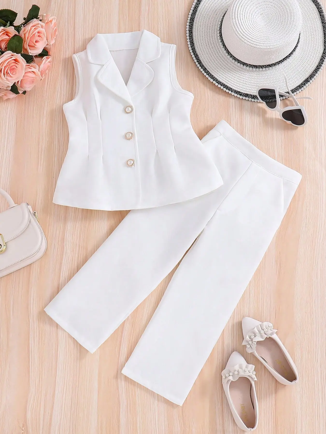 Girls' Spring Summer Comfortable Casual Suit Jacket with Button Details, Sleeveless Vest and Loose Long Pants, Perfect for Travel and Events