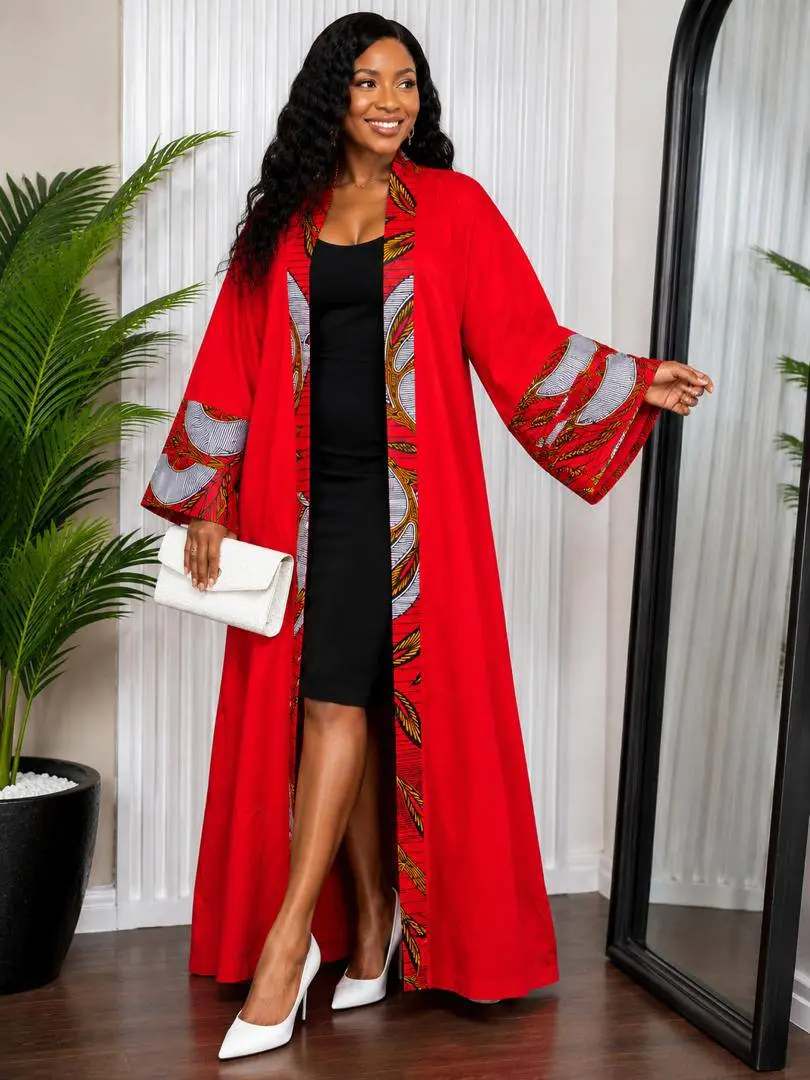 Women's Red African Print Kimono Clothes - Long Ankara Duster Cardigan, Elegant Maxi Cover Up for Church, Brunch, Dinner Dates, Cultural Events