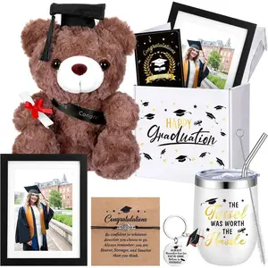 Patelai 7 Pcs Graduation Gifts for Her Class of 2026 Congrats Grad Box Gift Set Graduation Bear Compass Bracelet Photo Frame 12 oz Tumbler Keychain Card for High School College Grad Basket Stuffers