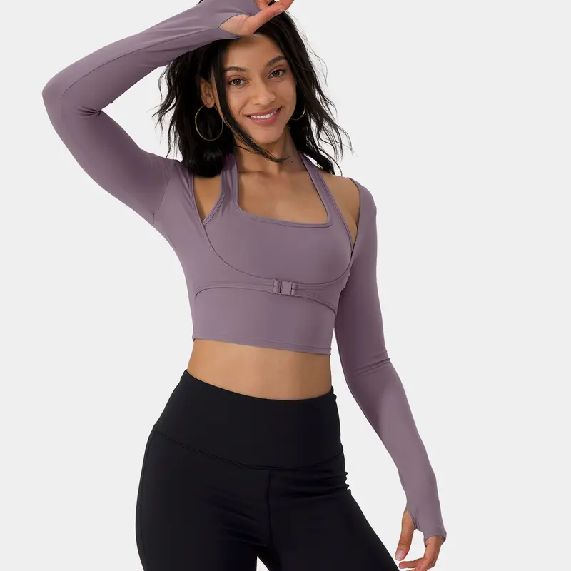Halara Softlyzero️ plush Halter Thumb Hole Long Sleeve Cropped 2-in-1 Yoga Sports Top