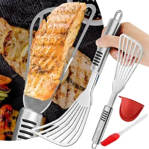 2 Pack Premium Fish Spatula - Rust-Resistant Stainless Steel, Non-Slip Handle, Ideal for Grilling, Frying, Turning and Flipping Fish, Meat, Eggs, and More - Ergonomic Design for Perfect Results