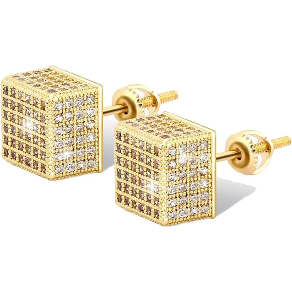 925 Sterling Silver Square Screw Stud Earrings 14K Gold Plated 5A+ Cubic Zirconia Iced Out Square Screw Back Hypoallergenic Cube Large Stud Earrings For Men Women