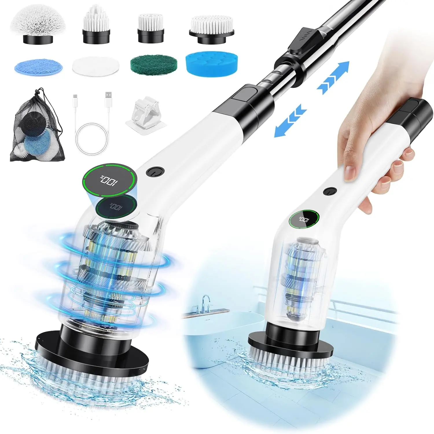 Electric Spin Scrubber, Cordless Shower Scrubber, Adjustable Handle | Dual Speed, 8 Replaceable Brush Heads, Adjustable Extension Handle, Battery Level Display, Bathtub, Tile & Floor Cleaning