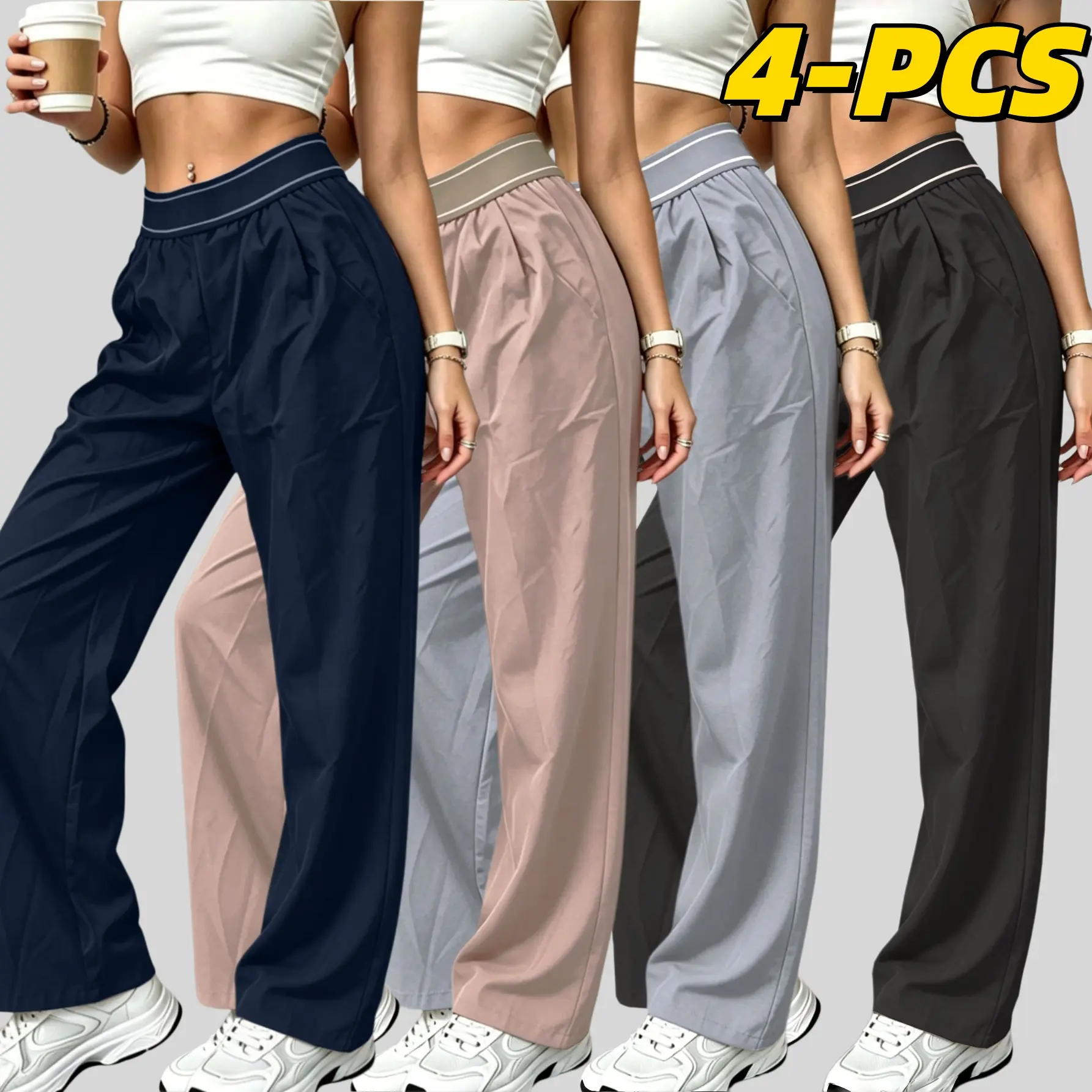 4-pack women’s casual, comfortable loose-fit long pants with pockets and stretchy fabric, ice silk quick-dry drapes that flatter the figure—ideal for commuting, sports, and everyday wear.
