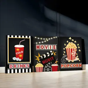 3pcs Theater Snacks Wall Art, PopcornFun Poster, Movie Night Art Prints, Cool Drinks Home Decor, Modern Wall Paintings, Cozy Canvas Posters Wall Arts, Decor for Living Room, Restaurant, Kitchen, Bedroom, Housewarming Gift, With Frame