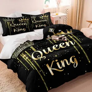 2/3Pcs Royal Queen King Crown Duvet Cover Set, Gold Bling Glitter Comforter Cover, Luxury Bedding Set with Pillowcases, Black & Golden Royalcore Decor for Bedroom & Dorm, No Filling