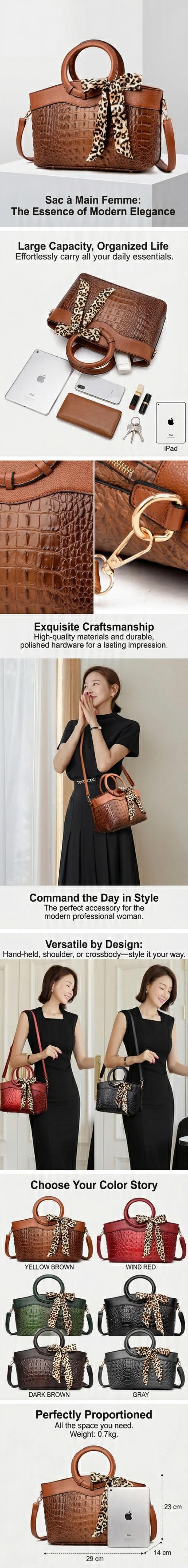 Sac à Main Femme, Sac à Bandoulière, PU Leather Women Handbag, Fashion Crocodile Pattern, Ladies Shoulder Bag, Crossbody Bag, Trendy, Large Capacity, Lightweight, High Quality, Classic Design, Wholesale