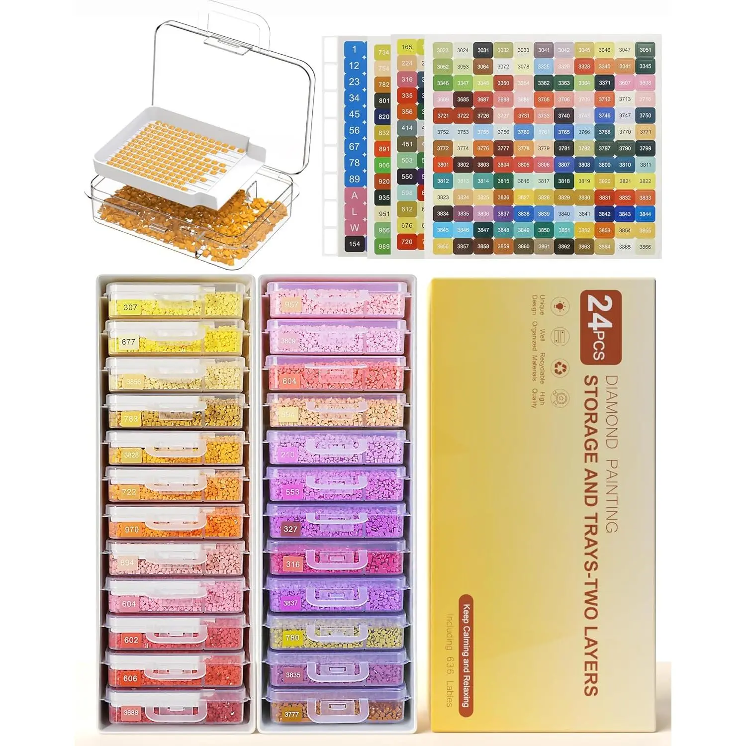 24pcs Diamond Painting Storage Containers Trays with Double Layers, 3-in-1 Diamond Painting Trays with Lids, Diamond Art Accessories, Diamond Art Drills Storage & Line-Up
