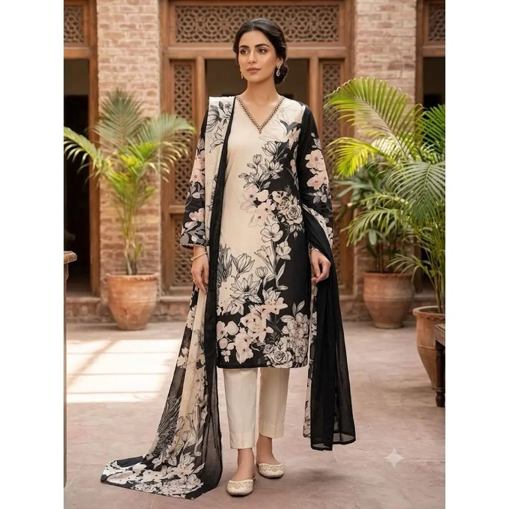 Women's Floral Print Kurta Set with Dupatta Elegant Three-Piece Outfit Ethnic Wear Trousers and Casual Kurti Set Traditional Festive Wear M/38” L/40” XL/42” XXL/44”