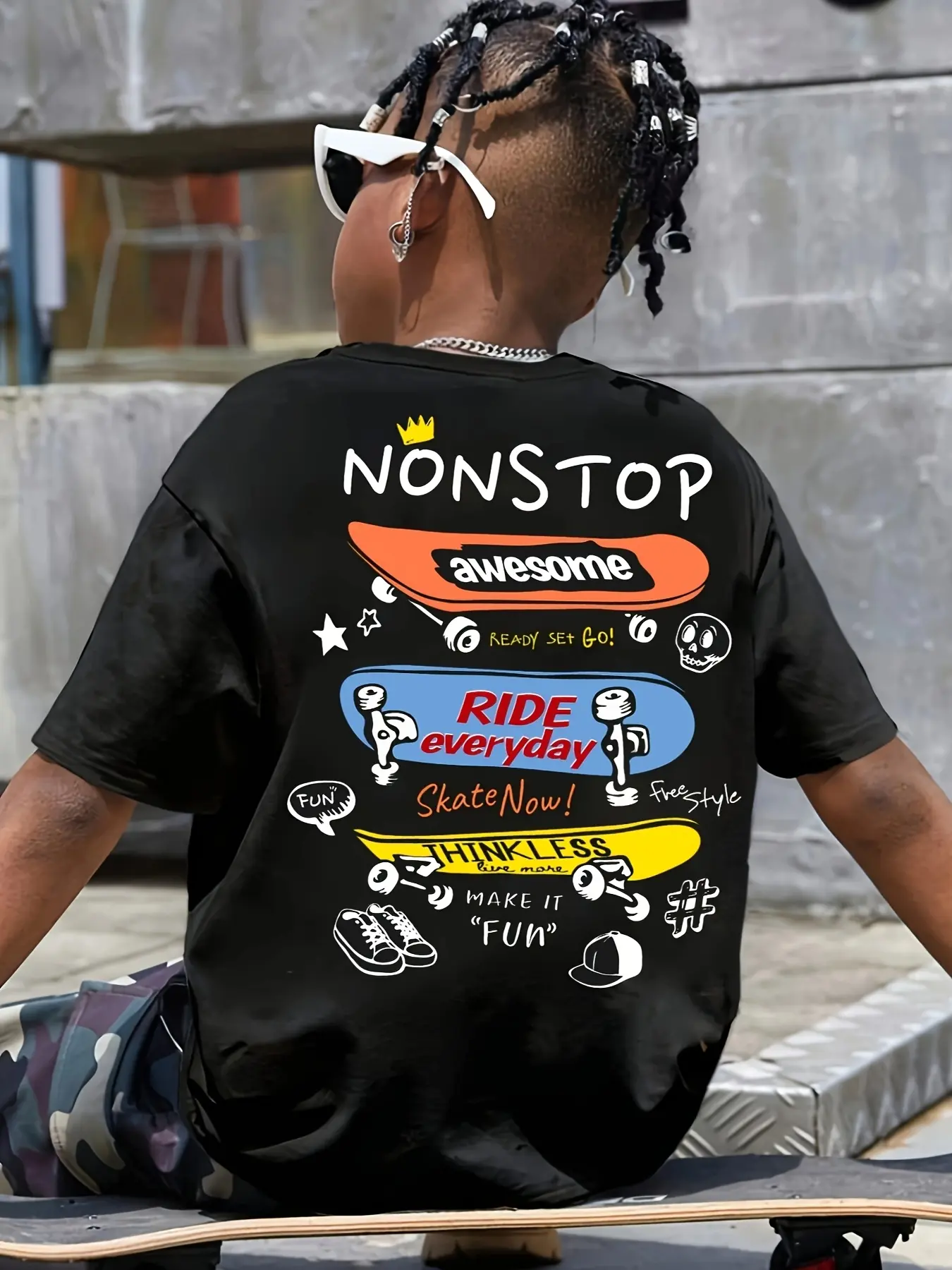 Boys Non Stop Skateboard T‑Shirt Cool Skate Graphic Crown Skull Star Kids Black Short Sleeve Tee