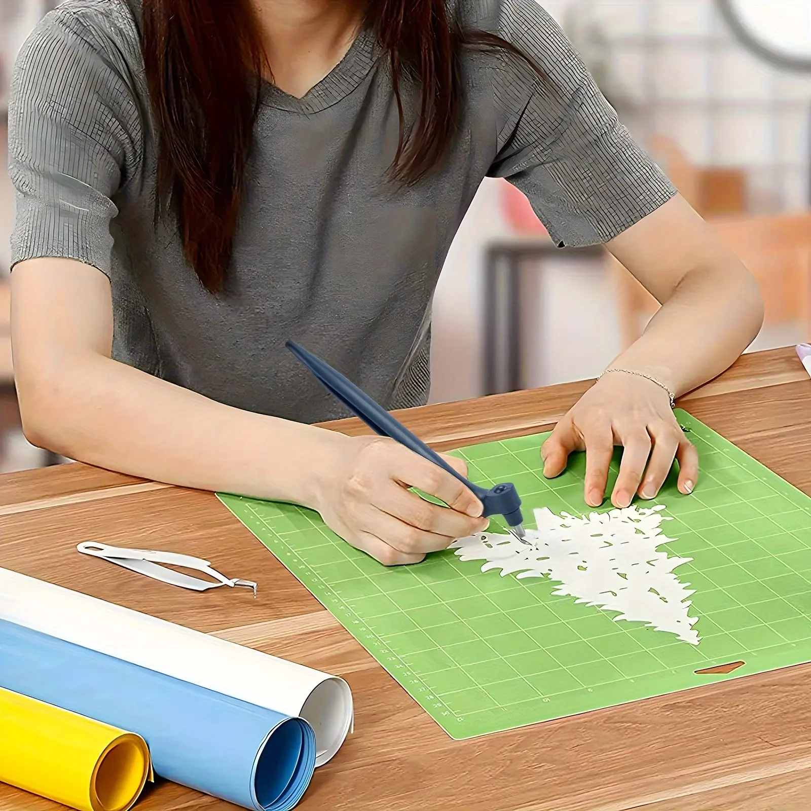 Ergonomic Craft Cutting Tool Kit with 360° Rotating Stainless Steel Blade and Triangular Ruler, Precision Paper Vinyl Template Work, Paper Cutters, Paper Trimmer, High Precision Cutter