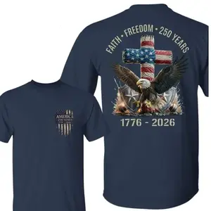 Faith Freedom 250 Years Christian Eagle 4th of July T-Shirt, American Flag and Eagle Symbols Military Veteran Pride T-Shirt, Eagle 4th of July Shirt, Independence Tee Casual Daily Wear Tee For Men & Women - Royal Speedworks