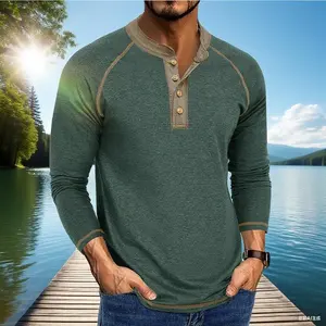 Mens Henley Long Sleeve T-Shirt Casual Shirt
