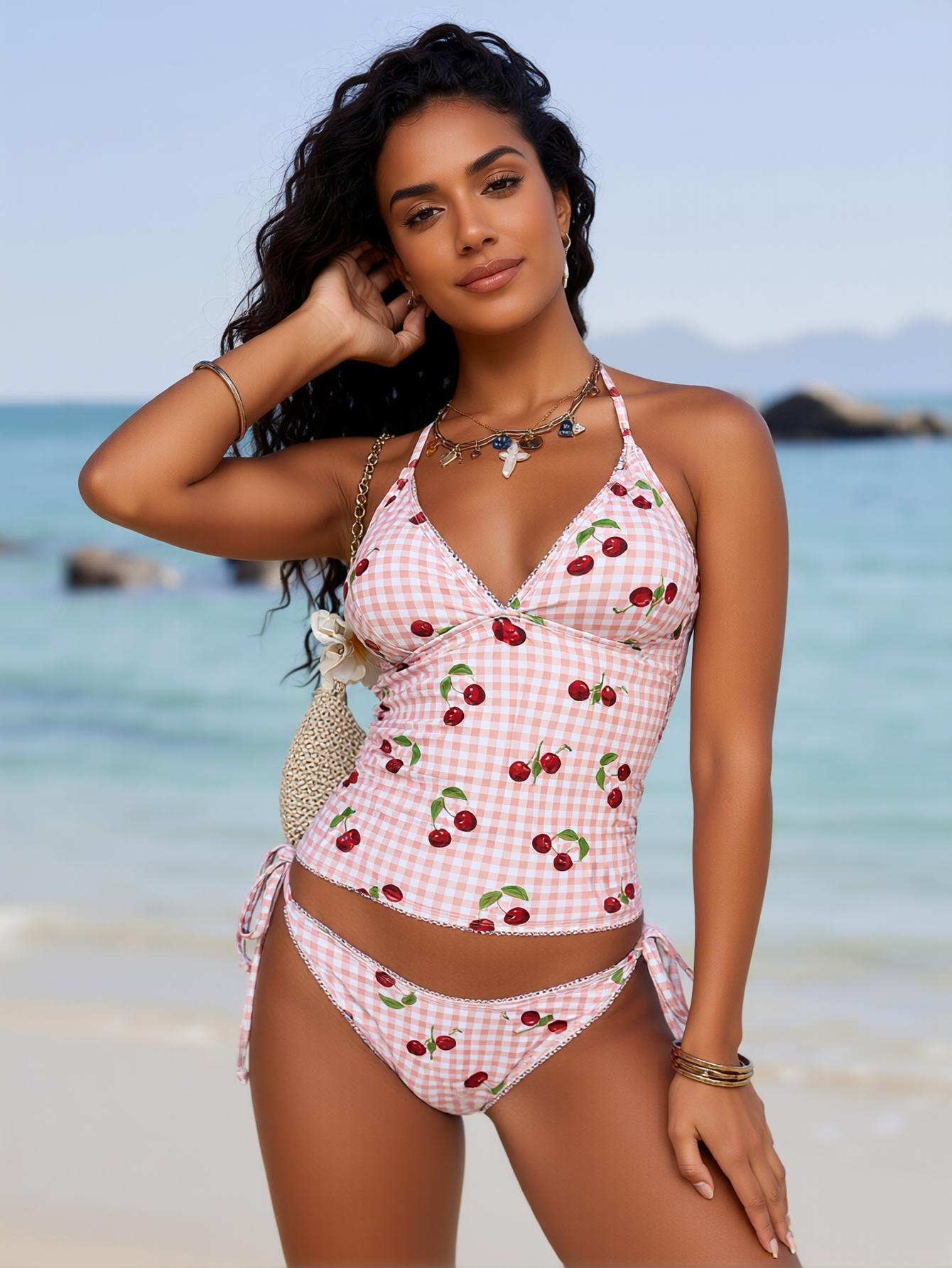 2026 summer cute pink plaid cherry print two-piece swimsuit set V-neck halter swimwear two-piece set perfect for beach vacation, pool party
