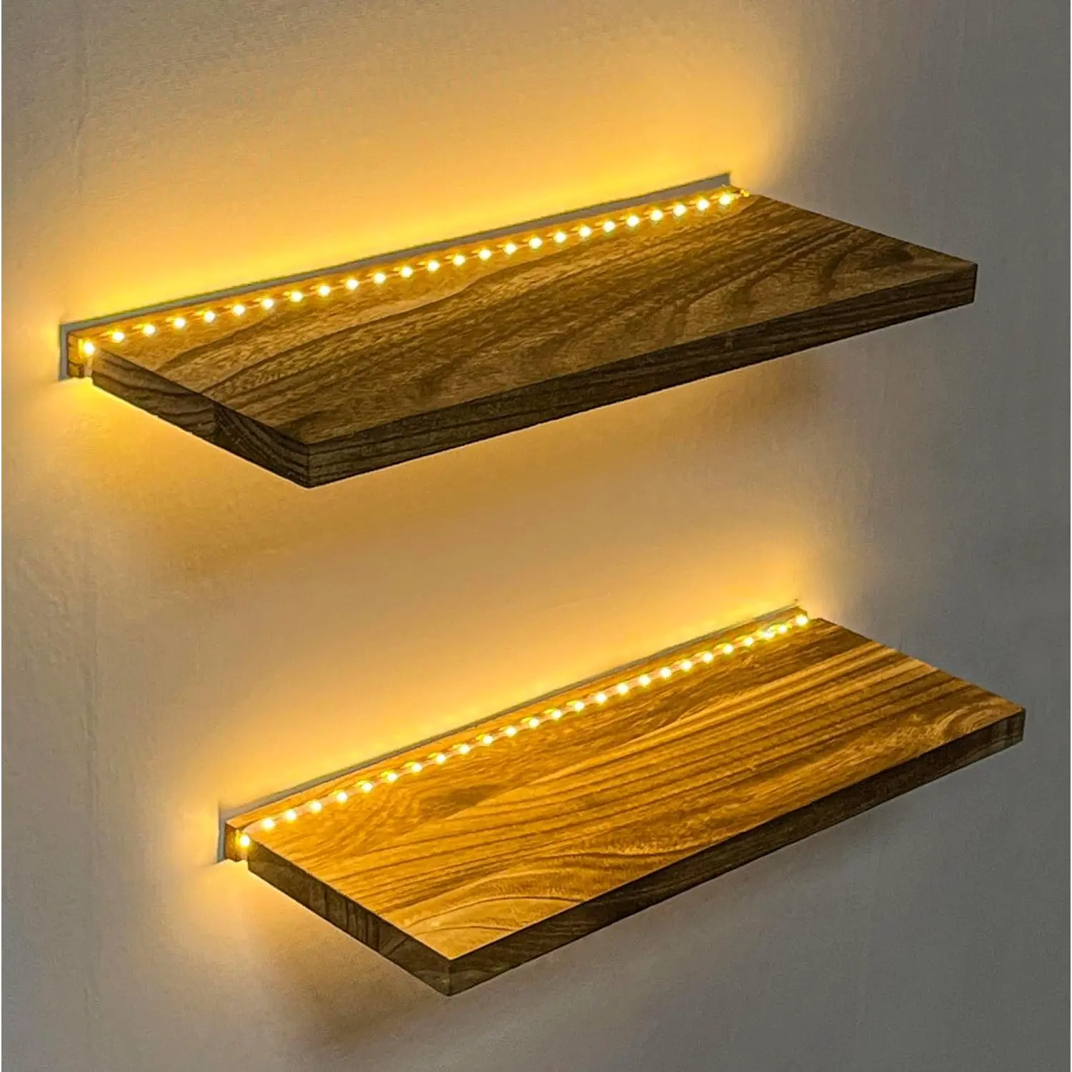 Floating Shelves for Wall Decor  Wall Mounted Shelves with LED Lights Set of 2, Sturdy Rustic  Shelves Farmhouse Shelf Hanging for Bedroom, Bathroom, Living Room, Kitchen ( powwer)