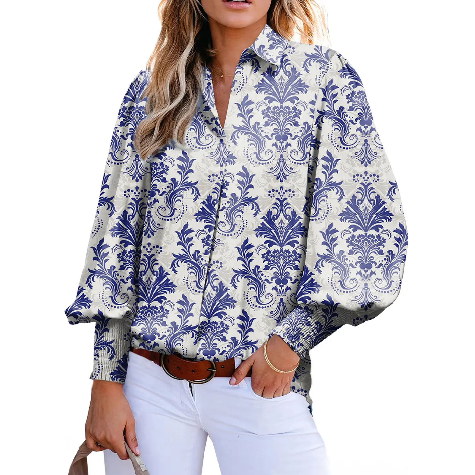 EVALESS Women's Casual Spring Shirts Tops Loose Fitted V Neck Lantern Long Sleeve Loose Paisley Graphic Floral Print Blouses 2025 Womenswear Trendy Ou