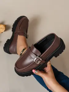 Women's Elegant Thick Sole Loafer, Patent Leather Chunky Heel, Slimming Design, Fall/winter British Style, Single Shoe
