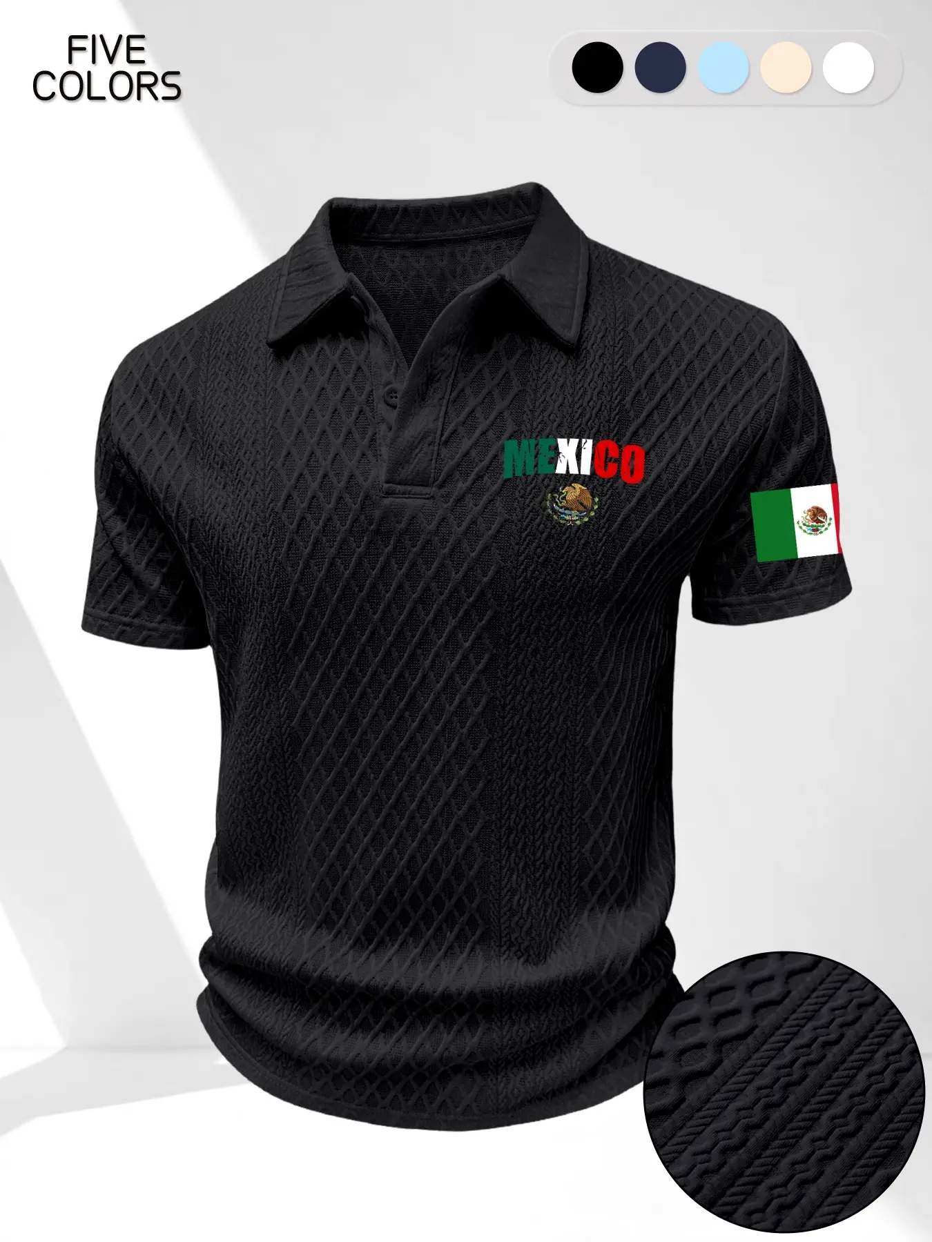 Men's Mexican Patriotic Print Polo Shirt, Polo Style, Casual Wear, Short Sleeve, Fitted, Long Length, H-Type Silhouette, Textured Jacquard Fabric, High-End Look