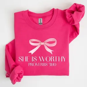 SheIsWorthy,BibleVerse,Christmas,Bow,Pink,Proverbs,SoftGirlEraSweatshirt,Women'sCrewNeck,Crewneck