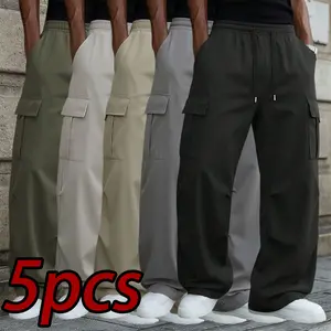5-Pack Men’s Wide-Leg Cargo Pants with Elastic Waist, lightweight and comfortable, perfect for casual streetwear, everyday outfits, and urban style.
