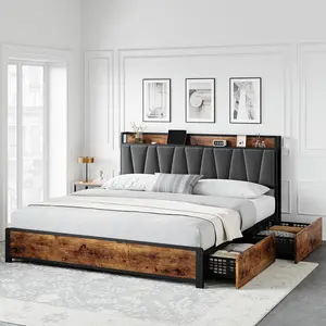 Vintage Brown King Size Linen Upholstered Platform Bed Frame with 4 Storage Drawers, Headboard and Charging Station, No Box Spring Needed, Easy Assembly