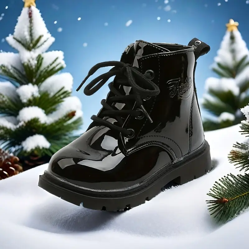 Girls' Ankle Short Boots, 2-8 Years Old Fashionable Black PU Leather Synthetic Footwear with Shiny Design, Easy Zipper Lace-Up, All-Seasons Comfort, Rubber Sole, Laces