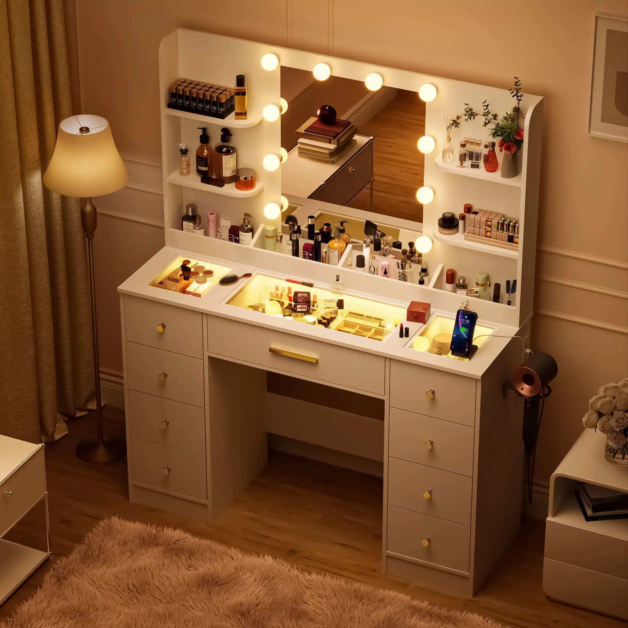 Vanity Desk, Makeup Vanity Desk with Mirror and Lights, Transparent Top with RGB Drawers, 3 Shelves, Large Tempered Cabinets, Power Outlet, for Bedroom, White