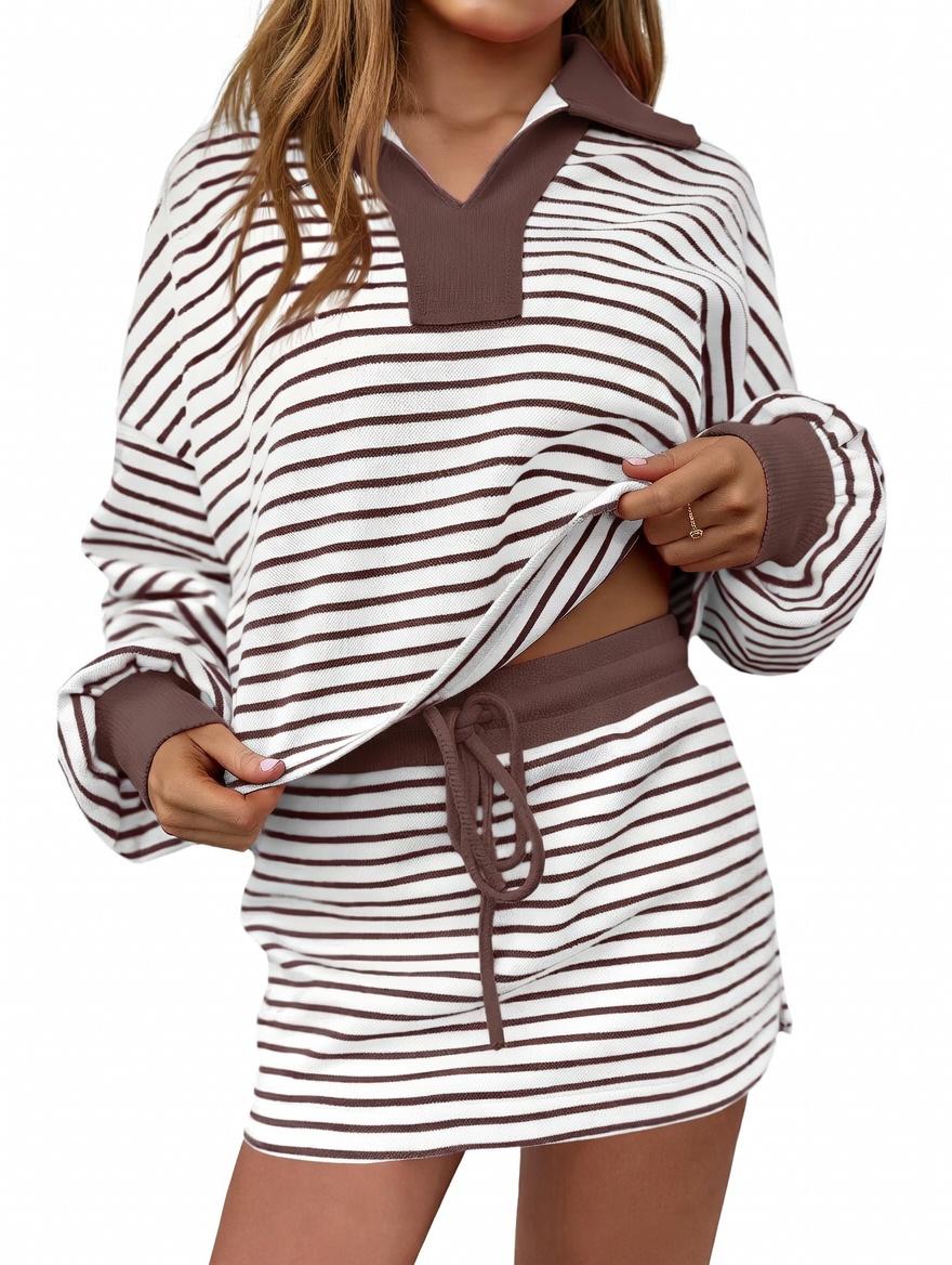 Women's 2-Piece Striped Lounge Set – Oversized Long Sleeve Polo Sweatshirt and Drawstring Mini Skirt Set – Trendy Fall 2025 Streetwear Casual Tracksuit