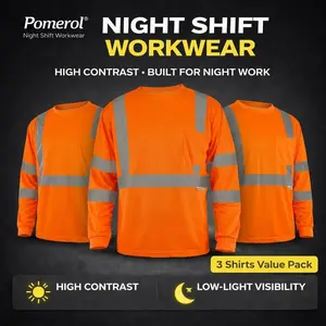 Pomerol Men's 3-Pack Neon Orange/Green High Visibility Long Sleeve Work Shirts – Breathable Lightweight Fabric, Pocket & Reflective Strips for Construction, Warehouse, Outdoor & Night Use