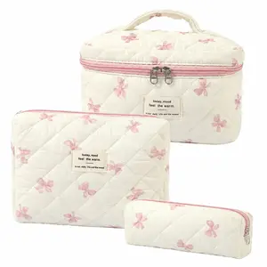 3Pcs Makeup Bag Quilted Cosmetic Bag Set Chic bow makeup storage bag Makeup Bag for Women Cute Portable Cotton Toiletry Bag Daisy makeup bag makeup bags
