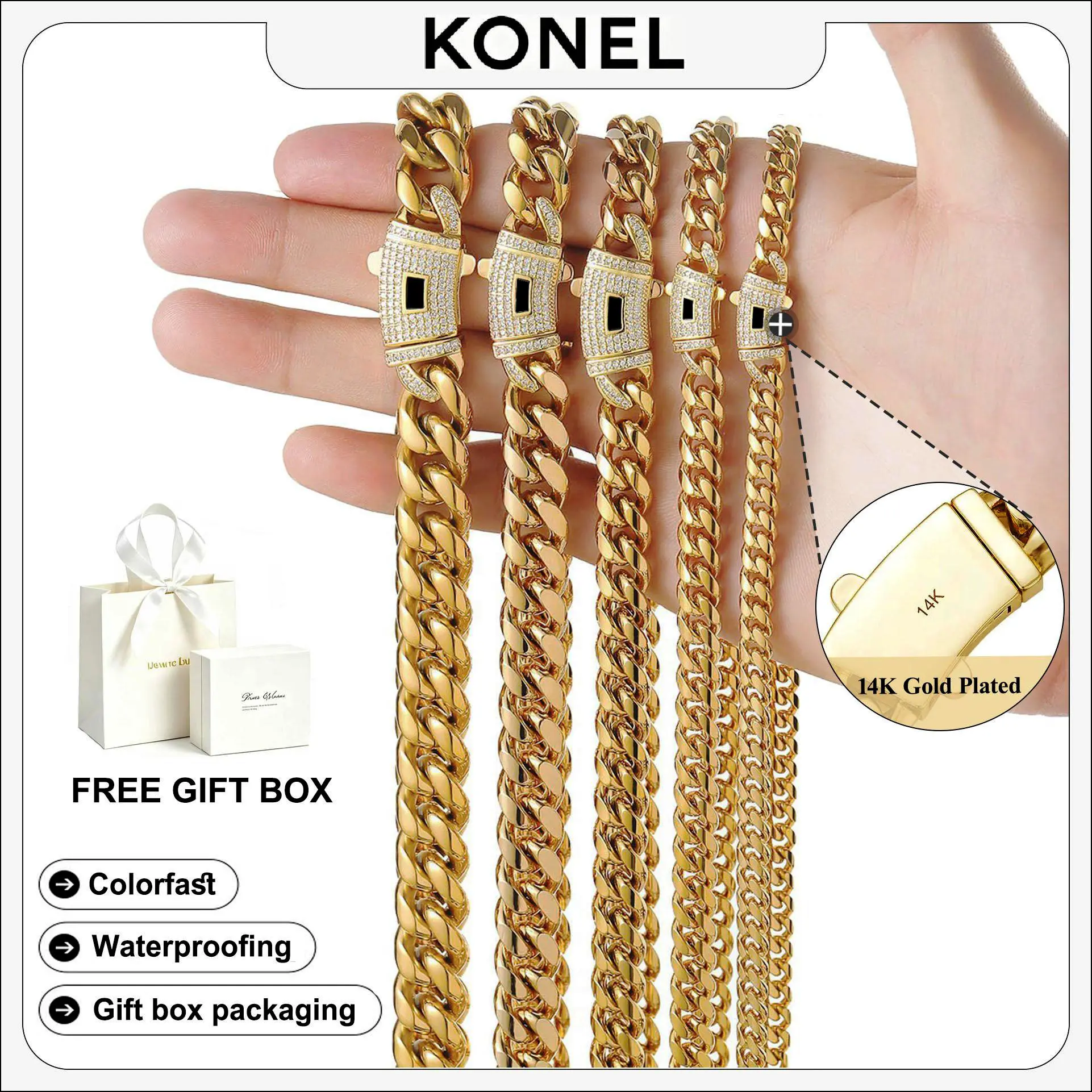 KONEL 14K Real Gold-plated Miami Cuban chain necklace features a brand-new anti-rust technology, making it water-resistant, fade-resistant and low-allergenic. It can be paired with various outfits and is a must-have necklace for the back-to-school season.