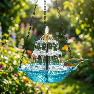 Solar Cascade Hanging Bird Bath Fountain, Hanging Bird Bath with Flowing Water, Solar Power Bird Bath Fountain Outdoor Decorative Natural for Garden Yard Patio