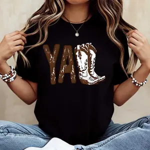Yall Cowboy Boot Print T Shirt Crewneck Casual Wear For Women Western Style Outfit Country Music Festival Party Clothes