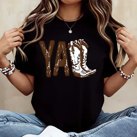 Women's Relaxed Planet-Friendly 100% Cotton Tshirt - Short-Sleeve Crewneck Graphic Tees with Western Cowboy Boot HD Print, Country Music Festival Casual Top (Fit: Relaxed, Fabric: 100% Cotton)