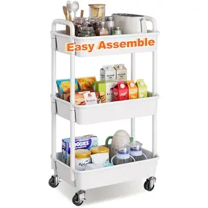 3 Tier Rolling Cart with Lockable Wheels, White Plastic Three Tiered Roller Shelf, Small Utility Storage Organizer Carts for Craft Art Baby Diaper Snack Dorm Kitchen Bathroom