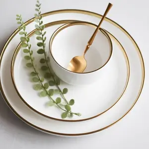 Marcel Ardani The Luxury Collection White with Gold Trim 4-Piece Ceramic Dinnerware Set - Durable, Dishwasher & Oven Safe, BPA Free, Cutlery