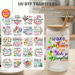 20 Pcs UV DTF Cup Wraps Bundle, 16oz Libbey Glass Can Transfers, Watercolor Floral & Religious Quotes, 3D Waterproof Stickers for DIY Gifts, Sticker Packs