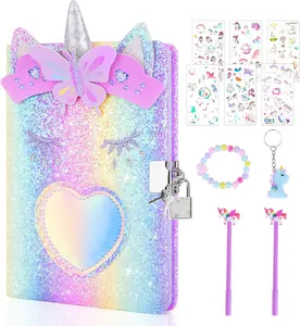 Easter Gifts Unicorn Diary with Lock,Gift for 6 7 8 Year Old Girl,Glitter Seceret Journal for Kids with 160 Pages,Shiny Notebook for Writing and Drawing,Cute Stationery