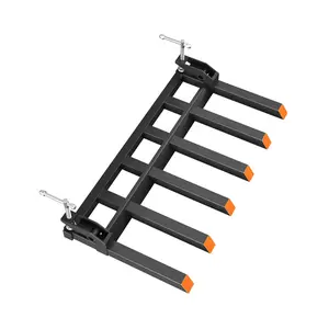 Heavy Duty Clamp-On Pallet Forks 4000 lbs – 6-Tine Fork Attachment with Adjustable Stabilizer Bar for Loader Skid Steer Tractor – Fits 58" Bucket – Agricultural & Construction Equipment Accessory