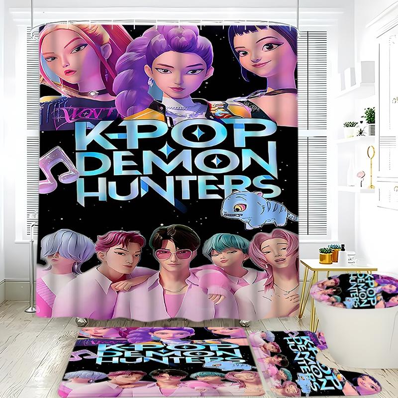 Creative K-Pop Demon Hunters Shower Curtain Set, Fantasy Cute Pet Design, Bathroom Accessories, Includes Bath Mat, Toilet Lid Cover, Hooks